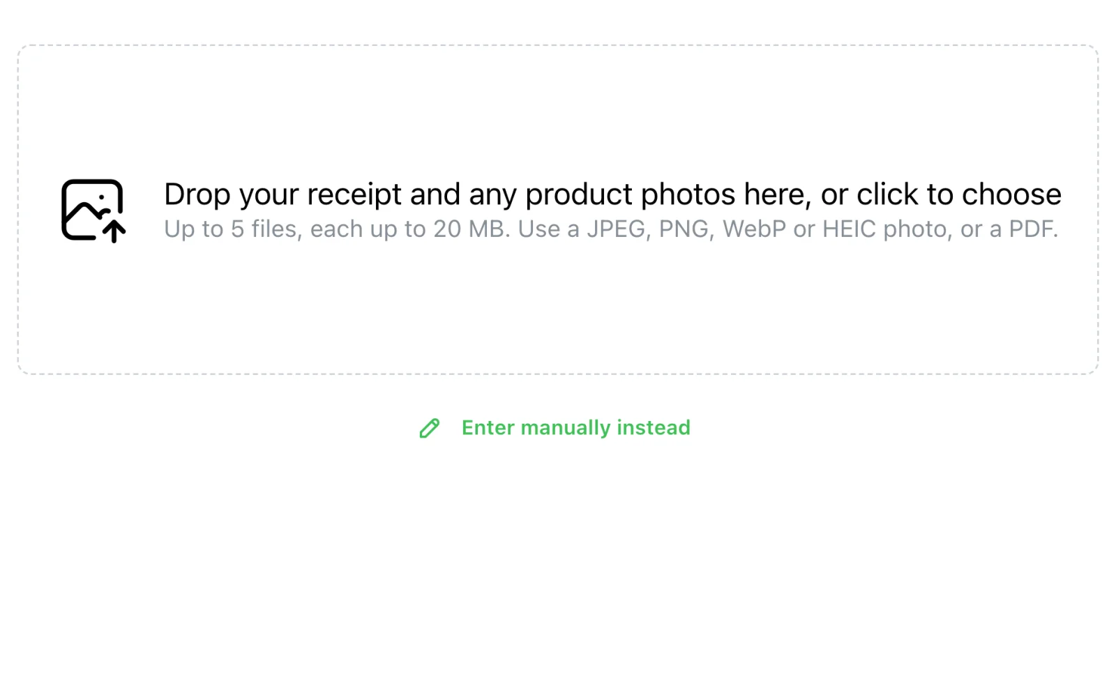 The Add receipt screen, with a Take a photo button and a drop zone for a file